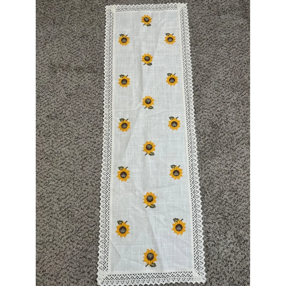Übelhör Sunflower Table Runner White Embroidered Lace Trim Made in Austria